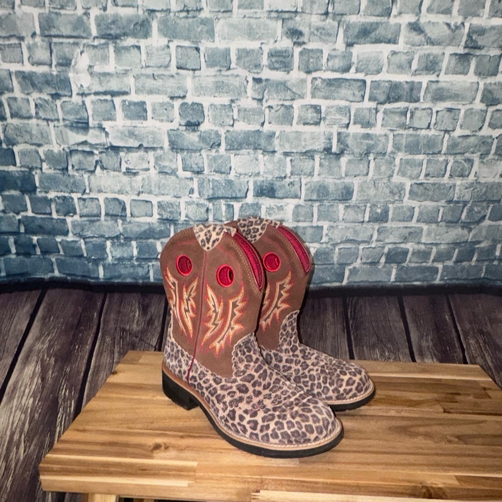 Womens Ariat Leather Fatbaby Leopard Print Roper Cowgirl Boot Red